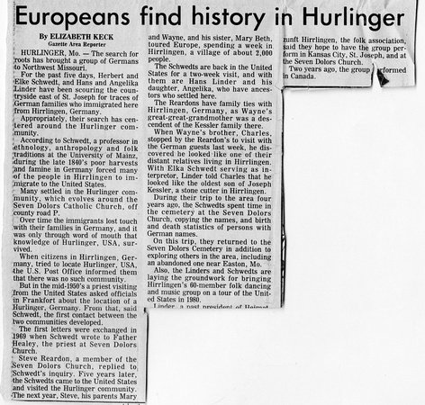 Hurlinger Ancestor newspaper article 1