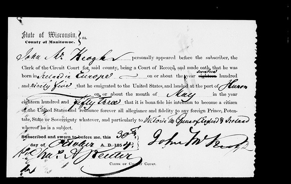 1854-10-30 Declaration of Intent John McKeough_Manitowoc County, WI detail 2