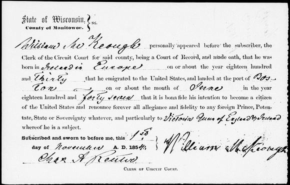 1854-11-01 Declaration of Intent William McKeough_Manitowoc Co WI_detail