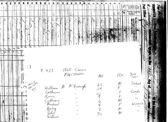 1860-07-23 Census - William and Catherine McKeough, Manitowoc, p. 423 - clarified